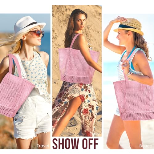HOHOM Beach Bags for Women, Summer Travel Mesh Tote Bag with Large Inner Pocket, Sandproof Woven Shoulder Handbag - color: Pinky