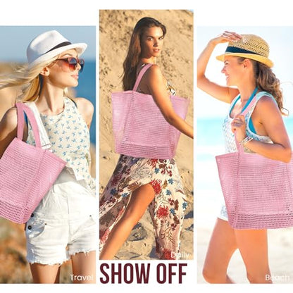 HOHOM Beach Bags for Women, Summer Travel Mesh Tote Bag with Large Inner Pocket, Sandproof Woven Shoulder Handbag - color: Pinky
