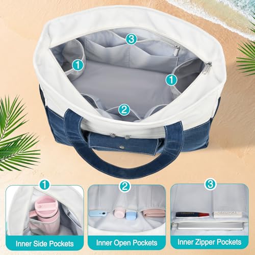 Beach Bags for Women Large Canvas Beach Tote with Zipper Wet Pocket, Waterproof Foldable Swim Pool Travel Tote Bags - color: Navy Blue