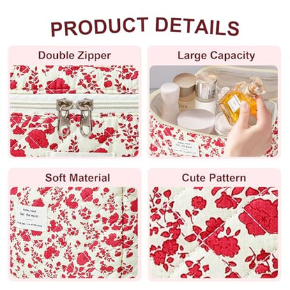 GISMTR 3Pcs Makeup Bag Cotton Quilted Travel Cosmetic Bag Cute Floral Makeup Pouch Large Toiletry Bag for Women Girls - color: Red flowers