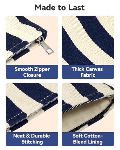 Travel Makeup Bag Set of 2, Preppy Jacquard Pouches for Purse , Navy Blue Striped Makeup Pouch with Smooth Zipper Soft Lining, for Cosmetic Car Organizer, Daily, Gifts, Portable Large & Small Toiletry - style: Striped Blue Canvas