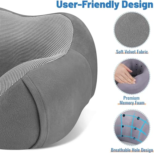 CloudBliss Memory Foam Travel Pillow for Airplane, Neck Pillow for Traveling, Airplane Pillow for Long Flight Travel, Compact Neck Pillow with Eye Mask, Earplugs, Carry Bag, Trip Essentials, Dark Grey - color: Dark Grey