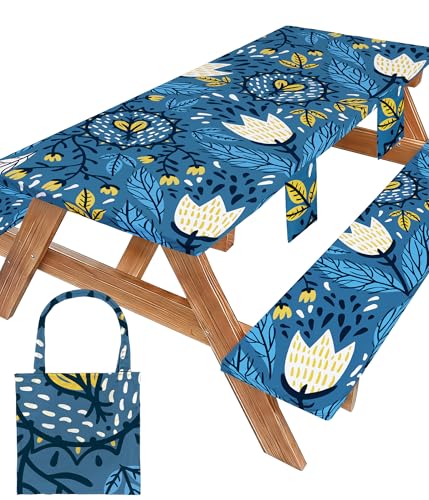 Picnic Table Cover with Bench Covers Waterproof Elastic Rectangle Tablecloth Camping Essentials Supplies Rv Car Travel Gear Must Haves Accessories Fitted Table Cloth Outdoor Road Trip Camper Gifts 6ft - color: Blue Flower, size: 72in