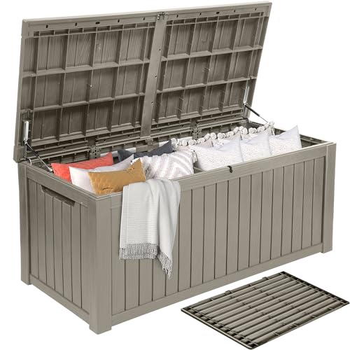 DWVO 180 Gallon XL Deck Box with Divider & Lockable Lid, Waterproof Resin Outdoor Storage for Patio, Garden, Poolside, Cushions, Supplies & Sports Gear, Light Brown - color: Taupe, size: 180 Gallon, style: Flat Lid w/Divider