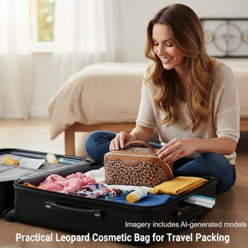 BOYATU Travel Makeup Bag Organizer: 3 Pcs Set Leopard Make up Bag for Women | Vegan Leather Cosmetic Bags with Compartments - Waterproof Toiletry Bag - 180° Open-Flat Make up Case for 3-15 Day Trips - color: 01-Brown