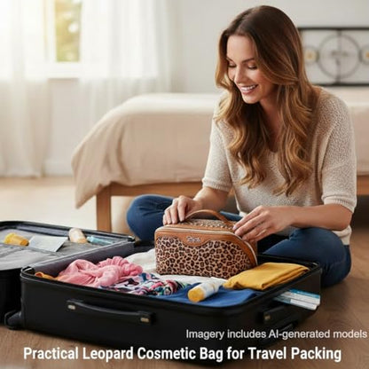 BOYATU Travel Makeup Bag Organizer: 3 Pcs Set Leopard Make up Bag for Women | Vegan Leather Cosmetic Bags with Compartments - Waterproof Toiletry Bag - 180° Open-Flat Make up Case for 3-15 Day Trips - color: 01-Brown