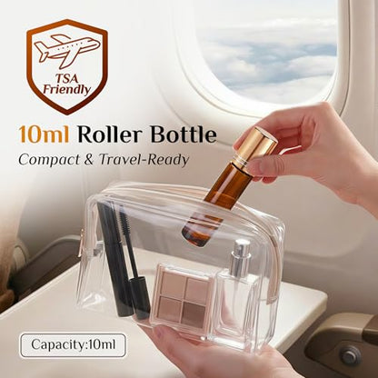 PrettyCare 12 Pack, 10 ml Essential Oil Roller Bottles with Stainless Steel Roller Ball - Refillable Leak-proof Empty Thick Amber Glass Roll on Bottles with Metal Caps for Travel, Perfume - color: Amber with Golden Cap, size: 12 Pack
