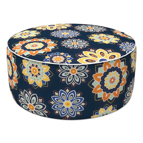 LVTXIII Inflatable Stool Ottoman Footrest with Handle, Decorative Fade-Resistant Foot Stool, Indoor or Outdoor Pouf for Home Garden and Camping Use, D21 x W 21 x H9, Bloom Medallion‌ Cobalt - color: Bloom Medallion‌ Cobalt, size: 21"D x 21"W x 9"H