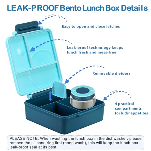 Bento Lunch Box Set for Kids with 8oz Soup Thermo, Leak-Proof Lunch Containers with 4 Compartment, Kids Thermo Hot Food Jar and Insulated Lunch Bag for Kid to School-Blue - color: Blue
