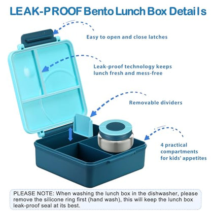 Bento Lunch Box Set for Kids with 8oz Soup Thermo, Leak-Proof Lunch Containers with 4 Compartment, Kids Thermo Hot Food Jar and Insulated Lunch Bag for Kid to School-Blue - color: Blue