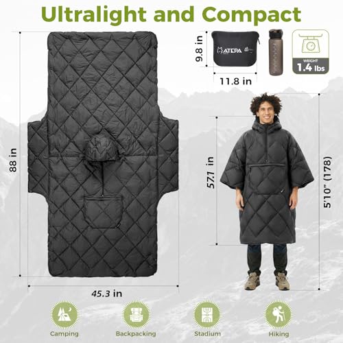 ATEPA Wearable Sleeping Bag Blanket Poncho, Recycled Water-Resistant Camping Poncho, Stadium Blanket for Outdoor Sports - color: Black