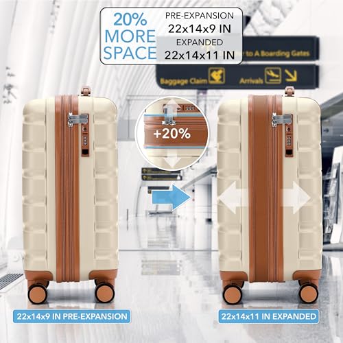 Flight Knight 22x14x9 Expandable Carry On Suitcase Hardside TSA Lock USB C Port Lightweight Luggage Silent Double Spinner Wheels Maximum Overhead Carry-On Bag American United Approved Cream/Tan - color: Cream/Tan, size: 22x14x9"