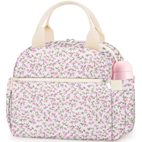 KUBYA Lunch Box for Women, Cute Flower Corduroy Insulated Lunch Bag Women Reusable Work Leakproof Simple Adults Large Lunch Boxes Tote Bag Men Cooler Bag - color: B-B-Corduroy Pink Flower, size: Medium - 10L