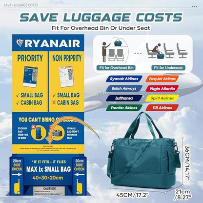 Travel Duffel Bag with Shoe Compartment, Large Weekender Bags for Women Men with Trolley Sleeve for Airplane, Waterproof Carry on Bag Sport Tote Bags Hospital Holdalls, Peacock Blue - color: A1-Blue with Shoe Compartment