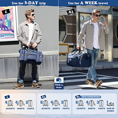 Gonex Canvas Duffle Bag for Travel 50L Expandable Duffel Weekend Overnight Bag men (Blue) - color: Blue, size: Large-50L (Without Shoe Compartment)
