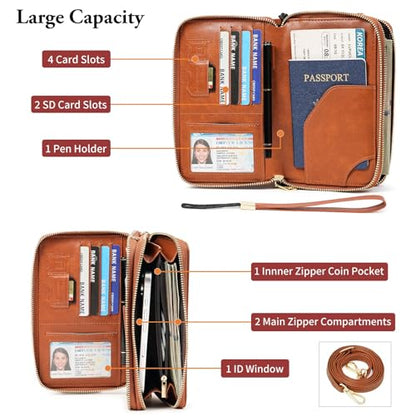 GOIACII Passport Wallet Travel Crossbody Bags for Women Wristlet Phone Purse Double Zip Vegan Leather Brown - color: A01 Brown