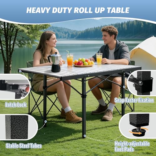 29.9" Tall Folding Camping Table for 2-6 Person, 54.7" Large Aluminum Foldable Roll-up Table Outdoor with Carry Bag for Picnic, Camp, Sturdy, Backyard, Patio - color: Silver