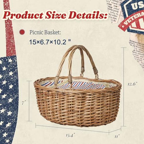 Wicker Picnic Basket with Insulated Lined Bag 15“ x 11” x 7“ Red, White,Blue Star Stripe Pattern, Iced Beer Insulated Bag for Camping, Picnics, Birthday Gifts, Wedding Gifts - color: Classic Red and Blue Stripes