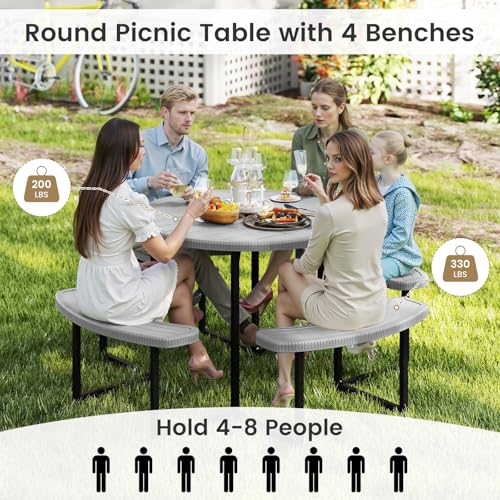 Tangkula 8 Person Picnic Table, HDPE Outdoor Round Table and Bench Set with 4 Built-in Benches, Umbrella Hole, Metal Frame for Garden Yard Patio Lawn - color: Grey