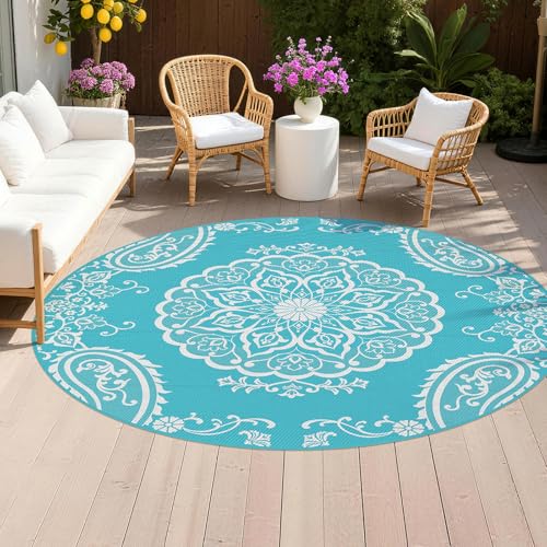 Pauwer Waterproof Outdoor Rug 8ft, Reversible Plastic Straw Patio Camping Rug, Indoor Outdoor RV Mat Carpet for Deck, Camper, Porch, Balcony, Backyard, Picnic, Boho Teal - color: Boho Teal, size: 8' (Round)