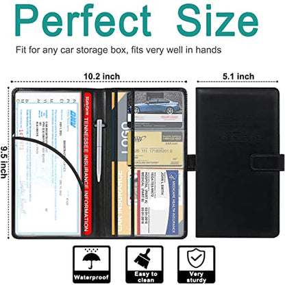 RSAquar Car Registration and Insurance Holder, Leather Car Glove Box Organizer, Cool Car Accessories for ID, Driver's License Cards & Essential Document, Men&Women, Black - color: Black