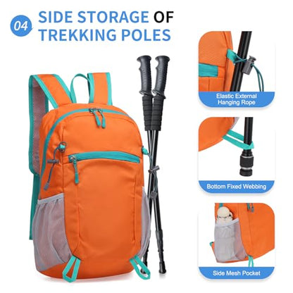 Hiking Daypack Packable, Camping Backpack Water Resistant Lightweight Polyester for Men Women Travel Outdoor - color: Orange