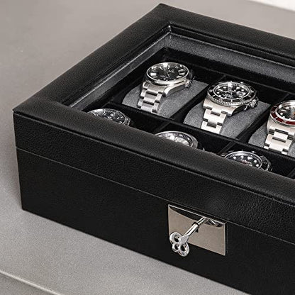 ROTHWELL 10 Slot Leather Watch Box - Luxury Case Display Jewelry Organizer - Locking Watch Display Case Holder with Large Glass Top - Box Organizer for Men and Women (Black/Grey) - color: Black / Grey