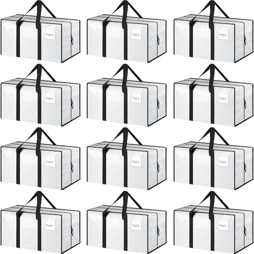 12 Pack Extra Heavy Duty Large Moving Bags with Strong Zipper & Comfortable Handles, Sturdy & Durable Clothes Storage Bags Totes Bins, Packing Moving Boxes for College Supplies, White - color: White, size: 12 Pack
