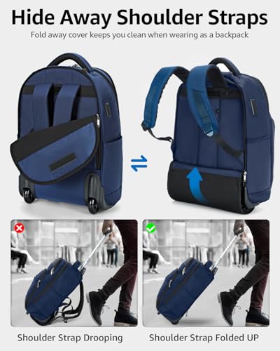 Ponhog Rolling Backpack, 30L Travel Laptop Backpack with Wheels, 15.6 Inch Personal Item Roller Luggage with USB Charging Port Flight Approved for Men Women Adults, Blue - color: Blue