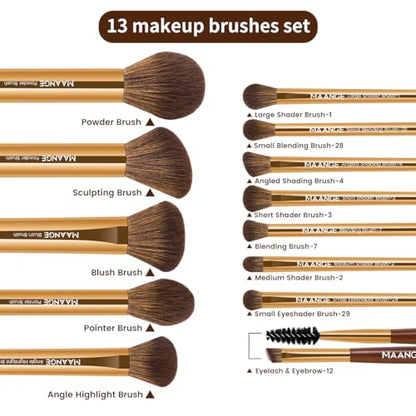 MAANGE 13 PCS Makeup Brushes Professional Make Up Brushes Premium Synthetic Powder Concealers Brushes Travel Makeup Brush Set with Case (Gold) - color: Gold