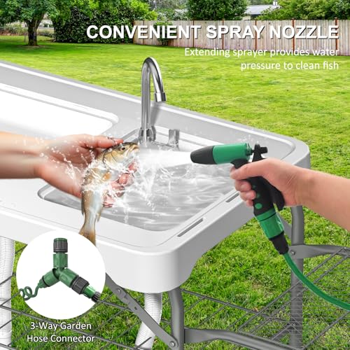 42.5" Fish Cleaning Table with Dual Sink, Portable Folding Camping Table with Foldable Extension Stand, Faucet, Sprayer, Grid Rack, Hose Hook Up & Knife Groove, Outdoor Sink Station for Picnic - style: Fish cleaning table with extension stand