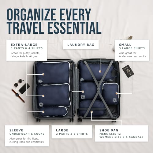 Large Compression Packing Cubes for Travel-Packing Cube Luggage Organizers 7 Piece Set for Checked Luggage-Ultralight, Expandable/Compression Bags by TRIPPED Travel Gear (Navy/White) - color: Navy/White