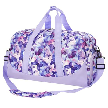 Choco Mocha Kids Duffle Bag, Girls Butterfly Overnight Travel Bags for Kid with Shoes Compartment, Large Weekender Bag for Sleepover, Purple - color: Butterfly Purle