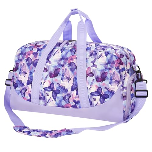 Choco Mocha Kids Duffle Bag, Girls Butterfly Overnight Travel Bags for Kid with Shoes Compartment, Large Weekender Bag for Sleepover, Purple - color: Butterfly Purle