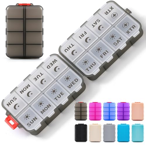 Foldable Weekly Pill Organizer 2 Times a Day with 2 Extra Compartments - Etched Label - Portable 7 Day AM PM Medicine Box, Week Daily Travel Pill Case Holder for Meds, Vitamin, Supplement, Clear Black - color: Clear Black, size: AM & PM & EXTRA