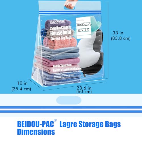 BEIDOU-PAC 25 Gallon Jumbo Storage Bags with Handle, 15 Count | Double Zipper Seal | Expandable Bottom, Resealable Clear zip Bags for Home, Travel, Moving, Commercial and Outdoor - style: Zip-25 gallon-15 count