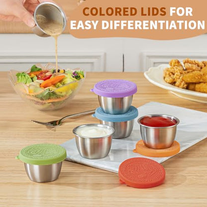 SANEXC 8 Pack - 2.4 Oz Small Salad Dressing Containers To Go, Leakproof Condiment Containers with Lids Reusable Stainless Steel Sauce Cups for Lunch Boxes Kitchen Storage Picnics Travel Meal Prep - color: 2.4 OZ-Multicolor