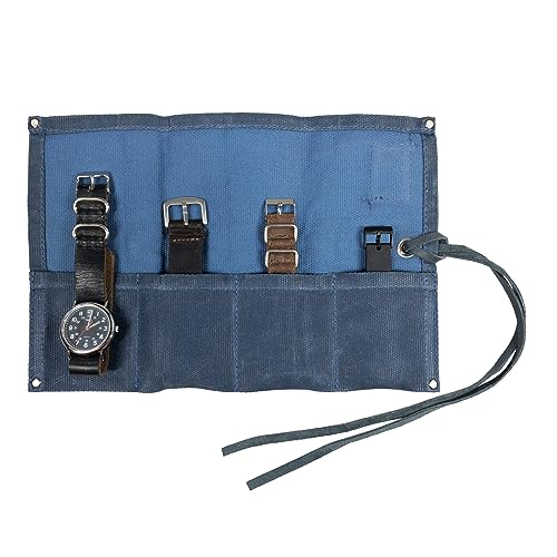 Hide & Drink, Waterproof Waxed Canvas Travel Watch Roll Organizer with 4 Slots, Easy Carry On Watchlover Storage, Handmade Travel Case, Blue Mar - color: Blue Mar