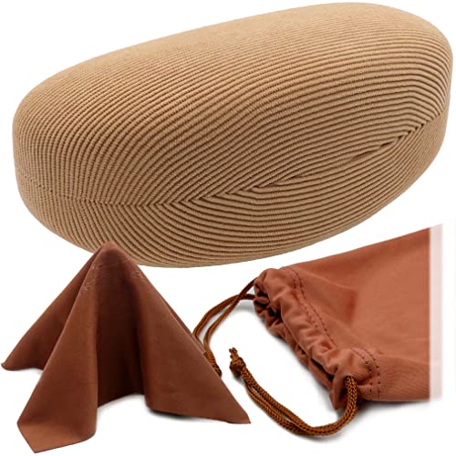 MyEyeglassCase® Large Hard Sunglasses Case | fits Large curved Sunglasses, with microfiber bag and cleaning cloth - color: Tan Corduroy