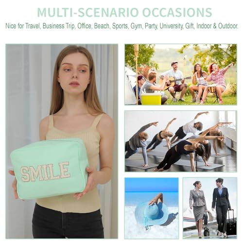 Beach Vacation Essentials Large Makeup Bag Chenille Glitter Cosmetic Pouch Travel Toiletry Kit Bag for Women (XL,Mint-Smile) - color: Mint-Smile, size: XL