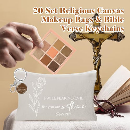 20 Pcs Christian Cosmetic Bags for Women Religious Gifts Canvas Pencil Pouch Makeup Bags with Bible Verse Keychains for Women Mother Employee Christmas Gift - style: Christian