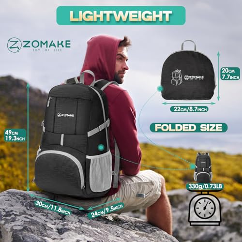 ZOMAKE Lightweight Packable Backpack 35L, Light Foldable Backpacks Water Resistant Collapsible Hiking Bag, Compact Folding Day Pack for Travel Camping(Graphite black) - color: Graphite Black
