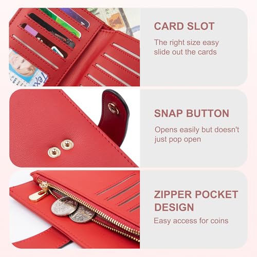 yiijay Womens Wallet RFID Blocking Leather Trifold Clutch Wallet Credit Card Holder Ladies Travel Wallet Purse with Pen Holder - color: 1Red