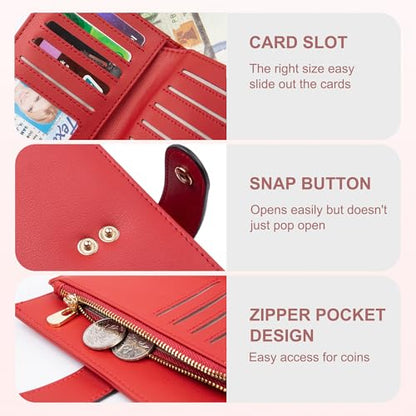 yiijay Womens Wallet RFID Blocking Leather Trifold Clutch Wallet Credit Card Holder Ladies Travel Wallet Purse with Pen Holder - color: 1Red
