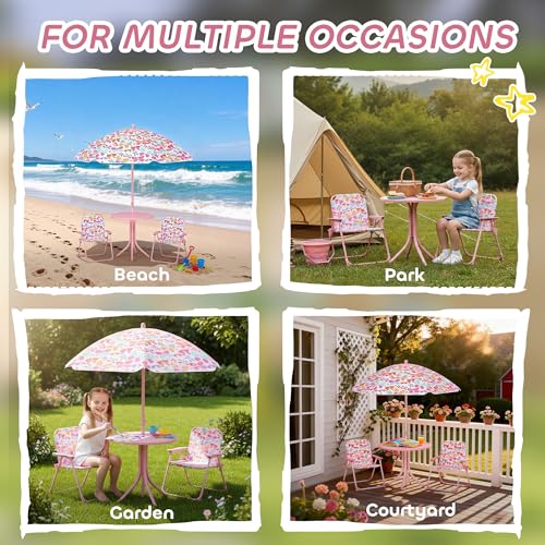 Qaba Kids Picnic Table and Chair Set, Outdoor Activity Table with Foldable Chairs, Removable Umbrella, Butterfly Pattern Toddler Patio Furniture for Backyard, Garden, Pink