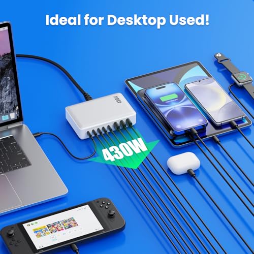 USB C Charger 430W USB C Charger Block, 8-Ports GaN IV Fast Charging Station Hub,PD 100W Laptop Charger Adapter,for MacBook Pro/Air/iPad/iPhone16/15/14/Apple Watch/DELL/Samsung for Home Office - color: A-White