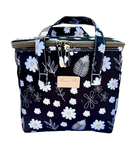 Kwang Min Floral Insulated Lunch Bag for Women,Reusable Lunch Box,Large Cooler for Office,Picnic Outdoors,Premium Quality Waterproof Fabric,Ideal Gift for Outdoors and work (Black Daisy) - color: Black Daisy