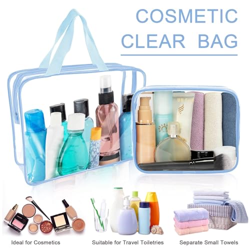 APREUTY Clear Makeup Bags, TSA Approved 6 Pcs Cosmetic Makeup Bags Set Clear PVC with Zipper Handle Portable Travel Luggage Pouch Airport Airline Vacation Organization (Haze Blue) - color: Haze Blue-6PCS (Large+Medium+Small)