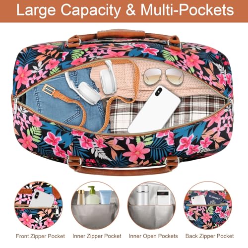 ITIEZY Weekender Overnight Bag for Women - Large Travel Duffel Bag with Shoe Compartment, Gym Duffel Bag Hospital Bag Carry On Tote Bags for Airplanes with Crossbody Bag Toiletry Bag 3Pcs Set - color: 9-Black Fower
