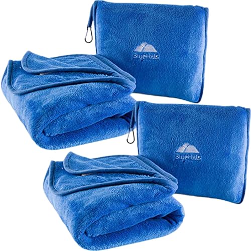 BlueHills 2-Pack Premium Soft Travel Blanket Pillow Airplane Blanket in Soft Bag Pillowcase with Hand Luggage Belt and Backpack Clip, Compact Pack Large Blankets for Any Travel Royal Blue T015 - color: Royal-2pk-t015